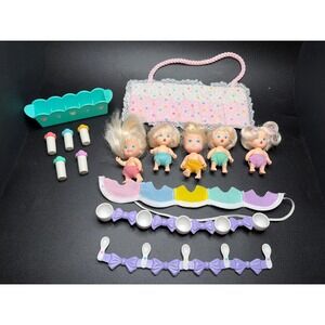 Vintage Quints Baby Doll Feeding Time Set 5 Dolls Bottles Bowls Bibs Spoons Bed